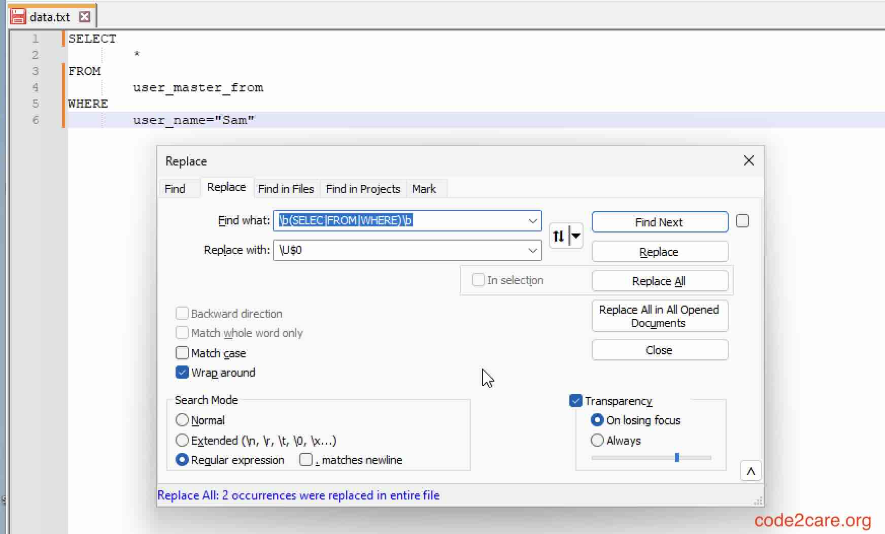 Capitalize SQL Keywords using Notepad++